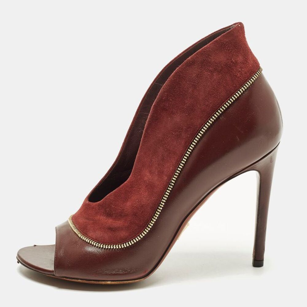 Louis Vuitton Size 38 Burgundy Leather And Suede Zip Detail Open Toe Booties